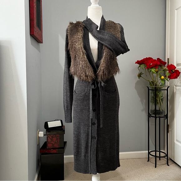 NEW Ann Taylor Wool Faux Fur Longline Belted Button Maxi Cardigan Sz XS NWT - Picture 4 of 16